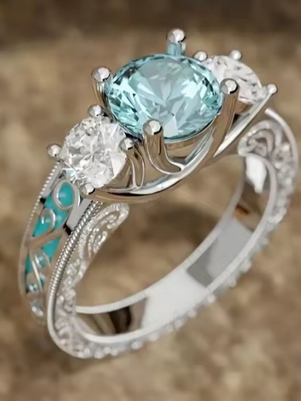 Aquamarine Three Stone Engagement Ring Vintage Filigree Enamel Band Size 7 CZ